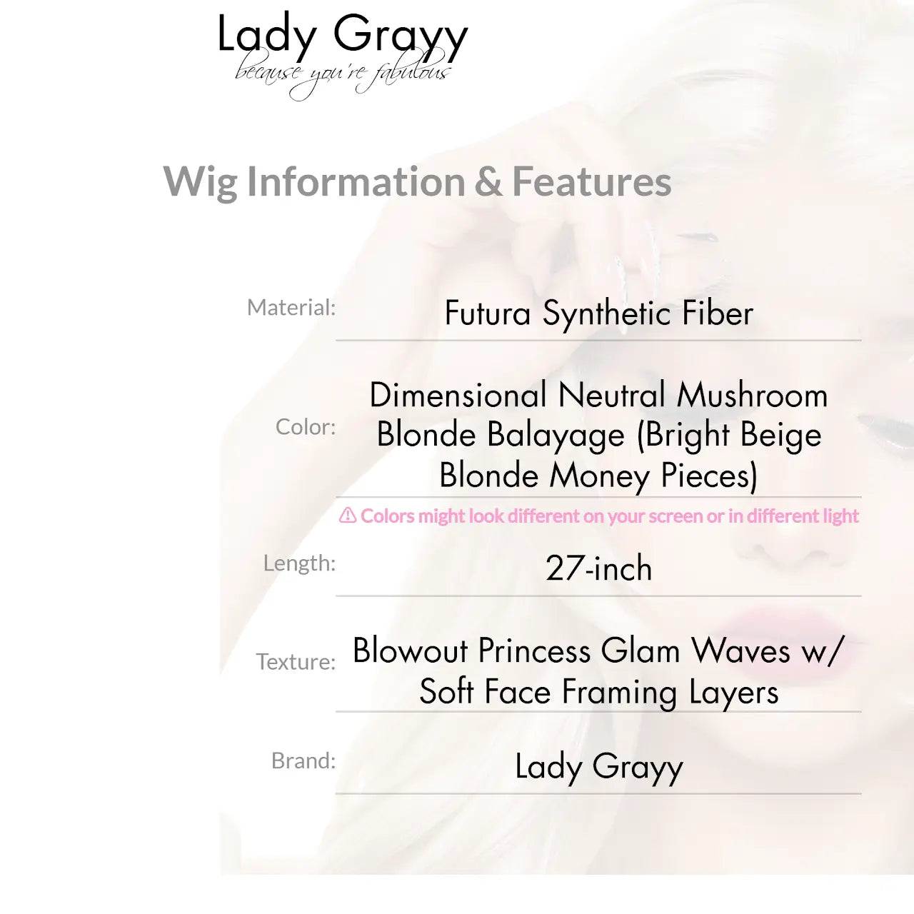 GLAM BUTTERCREAM 27-Inch Dimensional Neutral Mushroom Blonde Balayage Synthetic Wig with Face Framing Layers and Heat Resistance | Free-Part Lace Cap Included | #FSG62
