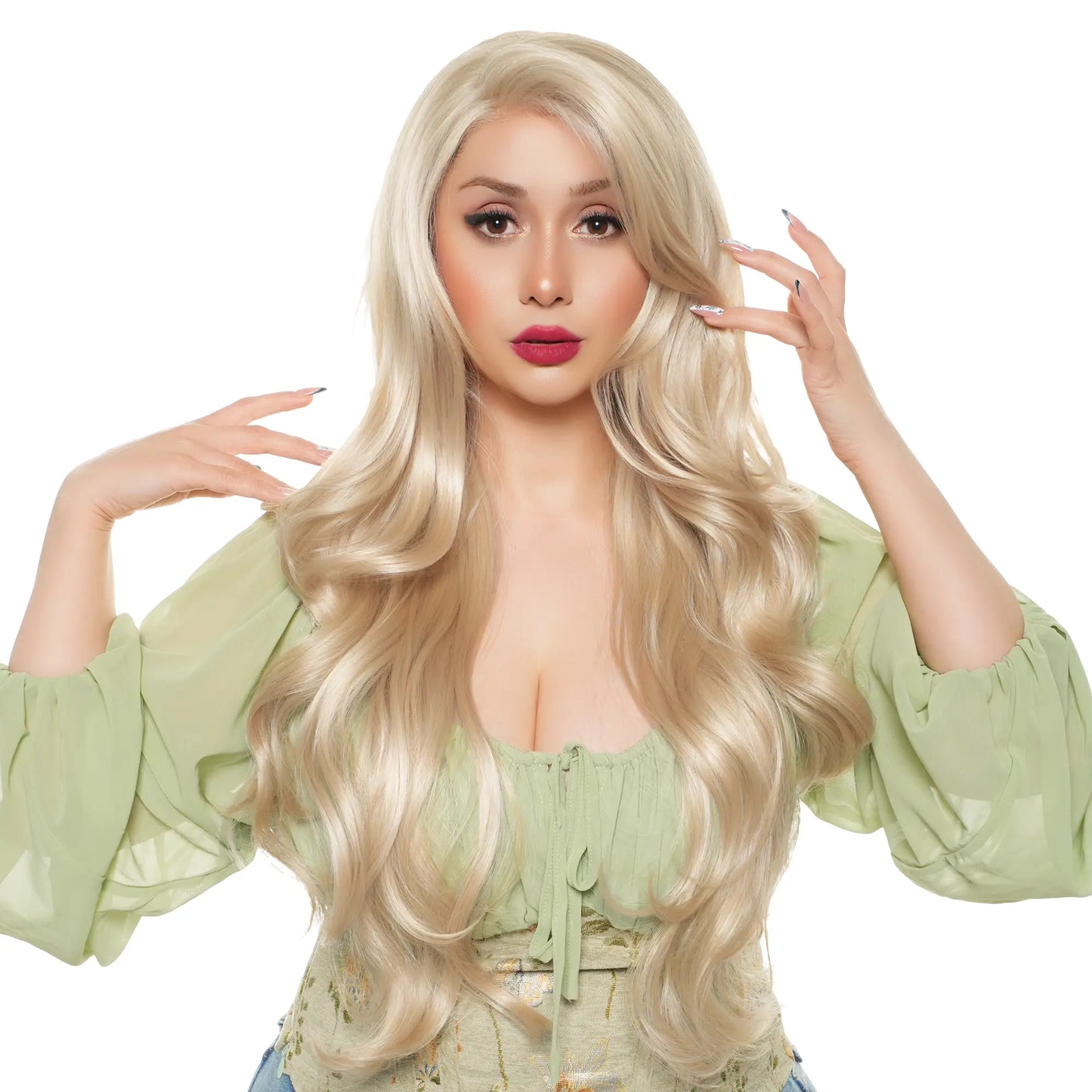 GLAM BUTTERCREAM 27-Inch Dimensional Neutral Mushroom Blonde Balayage Synthetic Wig with Face Framing Layers and Heat Resistance | Free-Part Lace Cap Included | #FSG62