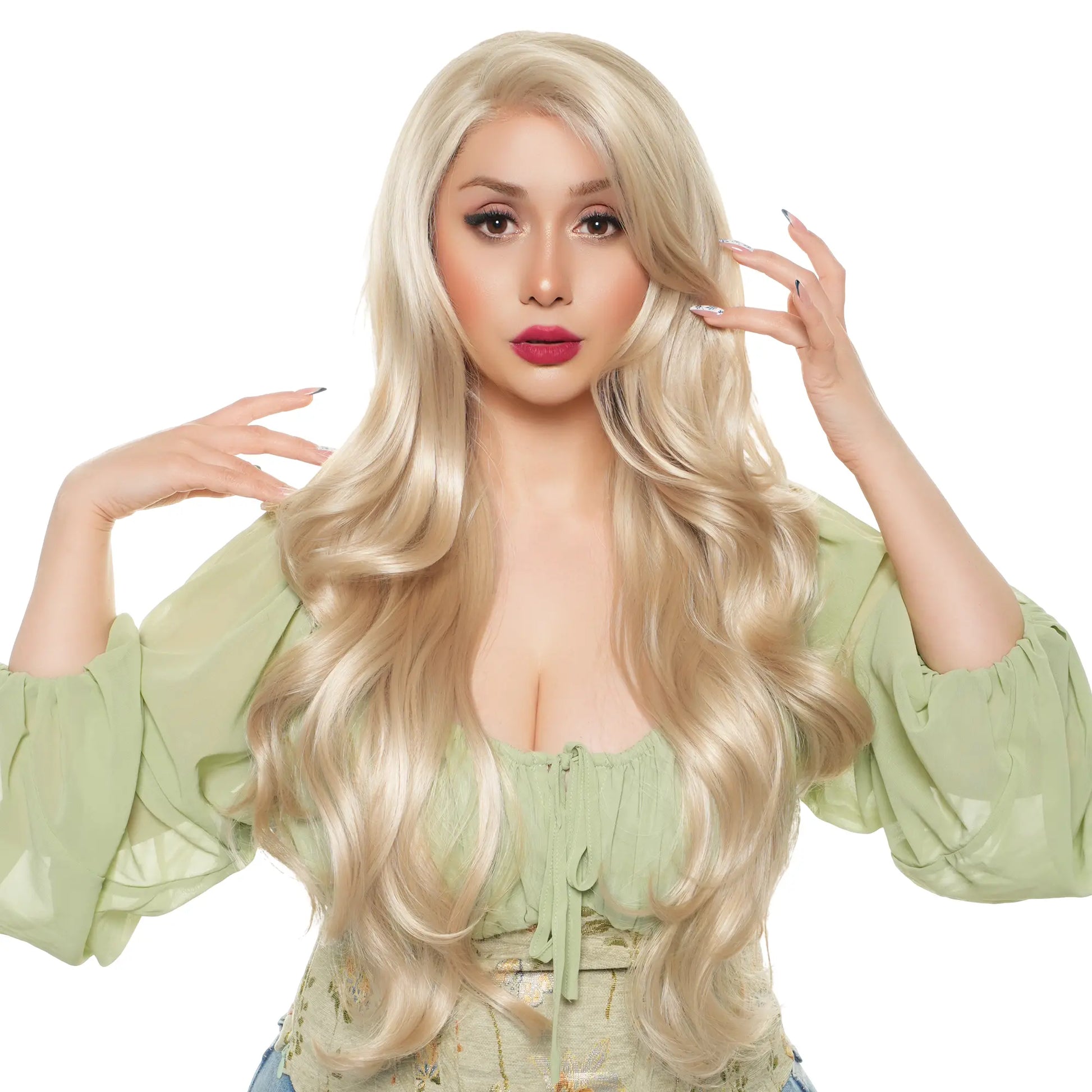 GLAM BUTTERCREAM 27-Inch Dimensional Neutral Mushroom Blonde Balayage Synthetic Wig with Face Framing Layers and Heat Resistance | Free-Part Lace Cap Included | #FSG62